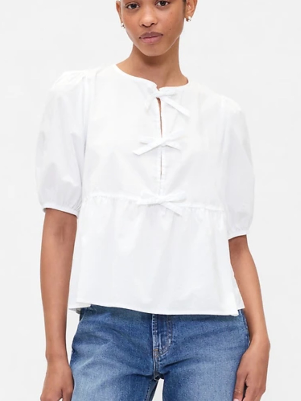 GAP WOMENS WHITE PUFF SLEEVE TIE FRONT TOP BLOUSE LARGE COTTON